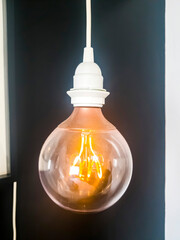 Electric light bulb with white cap and wire isolated against black background