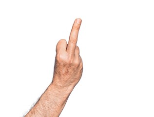 Hand of caucasian middle age man over isolated white background showing provocative and rude...