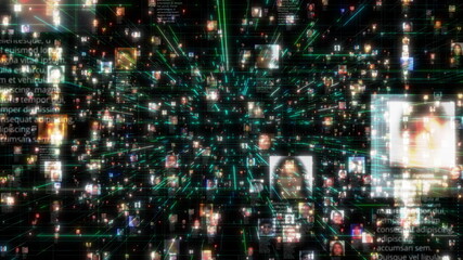 Fototapeta na wymiar Social network people connection greed. Big data concept, flood of unrecognizable people connect on the internet, 3d rendering nodes transforming