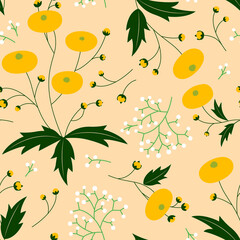 retro vibe folk art style vector dandelion seamless repeated pattern simplistic minimal botanical wallpaper ornament, ornate, decoration background texture
