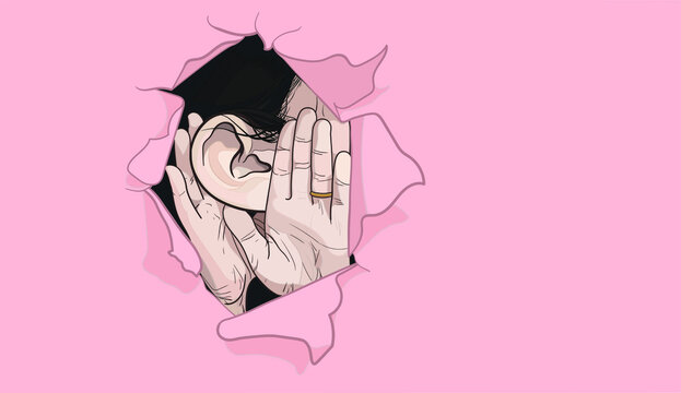 Female ear and hands close-up. Torn paper, pink background. The concept of eavesdropping, espionage, gossip and the yellow press. Caricature with an enlarged ear. Vector illustration with copy space.