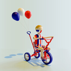 Fototapeta na wymiar 3D Rendering of a boy wear protective face mask riding three wheel bike, with three balloons attached, in France flag colur theme, to celebrate July 14th Bastille day.