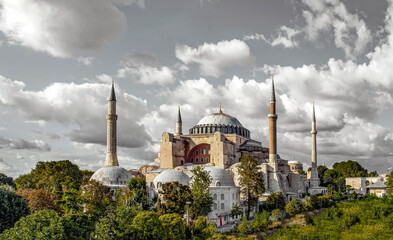 Sunny day architecture and Hagia Sophia Museum, in Eminonu, istanbul, Turkey 
