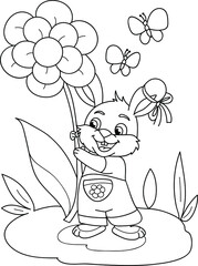 Coloring page outline of cartoon cute little rabbit with the big flower. Colorful vector illustration, summer coloring book for kids.