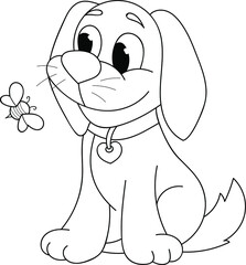 Coloring page outline of cartoon smiling cute dog with little bee. Colorful vector illustration, summer coloring book for kids.