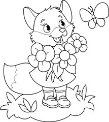 Coloring page outline of cartoon smiling cute beautiful fox with flowers. Colorful vector illustration, summer coloring book for kids.
