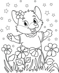 Coloring page outline of cartoon smiling cute beautiful fox with flowers. Colorful vector illustration, summer coloring book for kids.