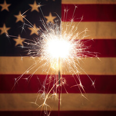 Lit sparkler in front the American Flag for 4th of July celebration