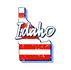American flag in idaho state map. Vector grunge style with Typography hand drawn lettering idaho on map shaped old grunge vintage American national flag isolated on white background
