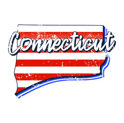 American flag in connecticut state map. Vector grunge style with Typography hand drawn lettering connecticut on map shaped old grunge vintage American national flag isolated on white background