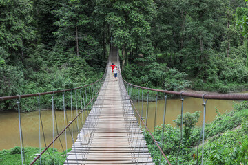 Children on pedestrian hanging bridge over river in tropical forest