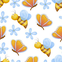 Naklejka premium Cute bugs seamless pattern. Child drawing insects, flying butterflies and baby ladybird. Flower butterfly, fly insect and beetle.