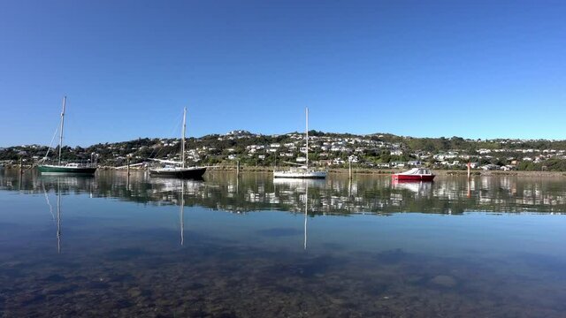 View of yachts and boats docked in Porirua near Wellington New Zealand on a calm sunny day