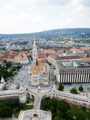 Aerial view of Matthias Church in historic centre square of Budapest, Hungary. Europe. Summer....