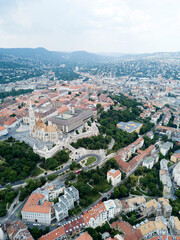 Aerial view of Matthias Church in historic centre square of Budapest, Hungary. Europe. Summer....