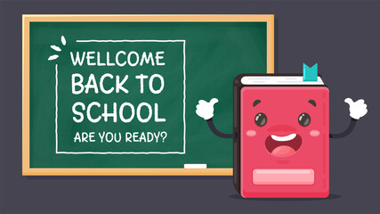 Vector character cartoon red notebook write message welcome back to school are you ready? In shock on the blackboard