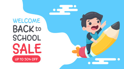 The boy rode a rocket made of wooden pencils to go to school. Stationery discount banner for back to school.