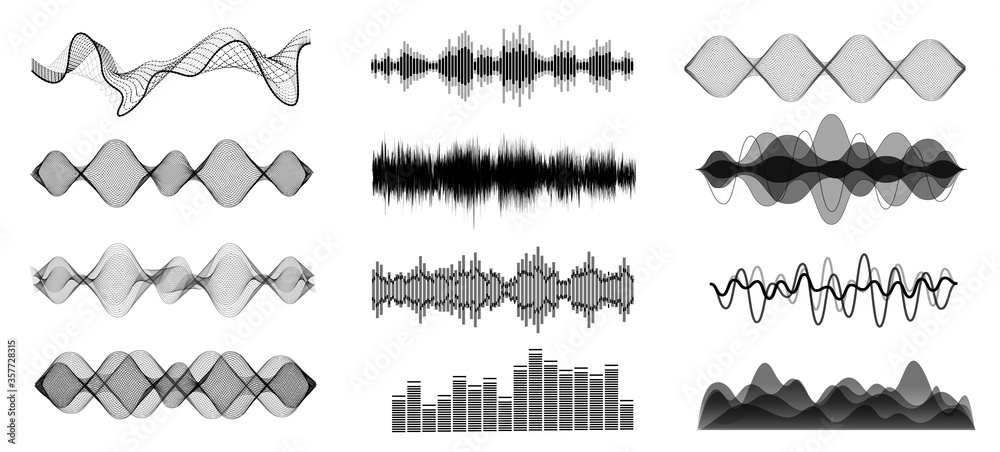 Aufkleber Black and white sound waves. Voice assistant equalizer set on white background. Music audio, voice signal lines, electronic radio signal. Vector curve voice waves.