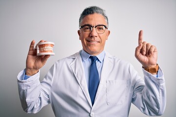 Middle age handsome grey-haired dentist man holding plastic teeth over white background surprised...