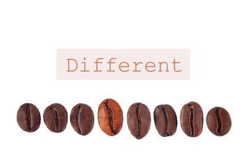coffee beans are arranged in a row. one differs in roasting and color. the concept of difference and originality. white background isolate