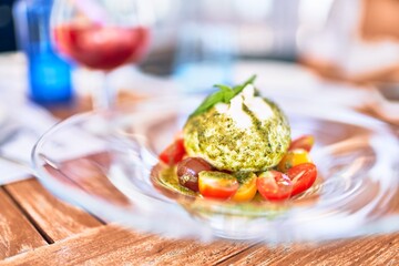 Delicious dish of tomato and burrata cheese salad