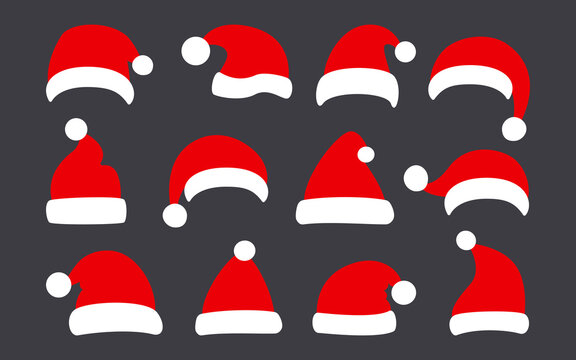 Santa Clause hat, Christmas flat set. Xmas Santa winter red hats. New Year cartoon holiday cute traditional caps collection. Festive design element. Isolated on dark background vector illustration