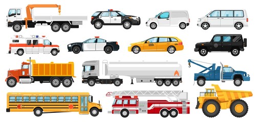 Service car set. City public special, emergency service automobile vehicles. Isolated police, ambulance car, school bus, tow, dump, tanker, fire truck, taxi, van icon collection. Urban auto transport.