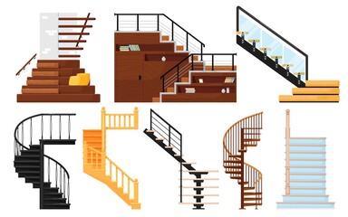 Staircase vector. Interior wooden stairs, store escalator, spiral staircase, floor to floor metal ladder. Cartoon stairs with handrails and steps collection