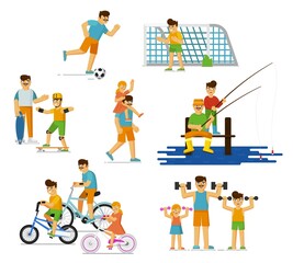 Father and child set. Parent kid family playing soccer, skateboarding, walking, fishing, riding bicycle, doing outdoor exercises in summer. Isolated father, child sport activities, healthy lifestyle