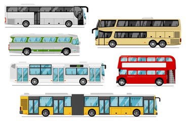 Passenger bus set. Isolated public city, coach, tour, double-decker bus transport icons. Bus vehicles with luggage compartments and bellows. Urban passenger transportation and journey - obrazy, fototapety, plakaty