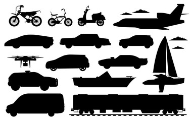 Passenger transportation set. Public, private passenger vehicle silhouettes. Isolated car, train, drone aircraft, van automobile, bicycle, motorbike auto transport flat icon collection, transportation
