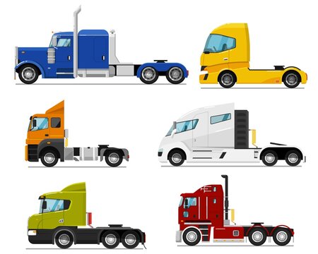 Semi truck set. Isolated traction unit rig or prime mover transport for semi-trailer hauling. Side view of tractor unit with cab icon collection. Industrial heavy truck vehicle transportation
