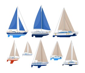 Sail vessel. Modern sailboat vector illustration. Sea ship and ocean vessel with sail on white background. Luxury yacht collection for nautical cruise