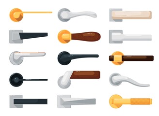 Door handle isolated. Modern lock knob, home doorknob, house doorhandle collection. Metal and wooden door handle vector set on white background.