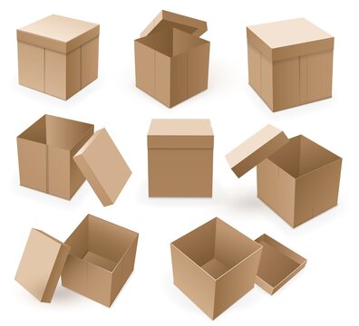 Empty cardboard box. Open brown box mockup isolated on white background. Storage packaging or blank cardboard set for delivery parcel vector illustration