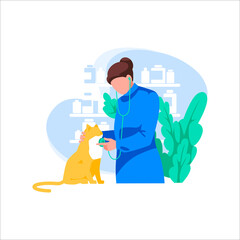 Doctor with stethoscope examines cat, interior wit furniture on background. Medicine and pet care. Veterinarian with pet at vet clinic. Animal protection, treatment disease.Flat vector illustration