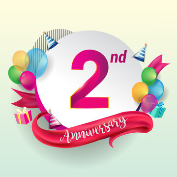 2nd Anniversary logo with ribbon, balloon, and gift box isolated on circle object and colorful background