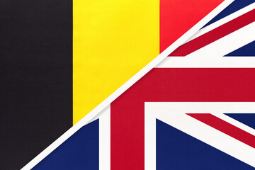 Belgium and United Kingdom or UK, symbol of two national flags from textile. Championship between two countries.