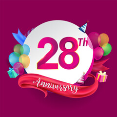 28th Anniversary logo with ribbon, balloon, and gift box isolated on circle object and colorful background