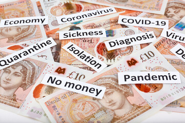 Coronavirus, COVID-19 headline clippings on United Kingdome 10 pounds banknotes