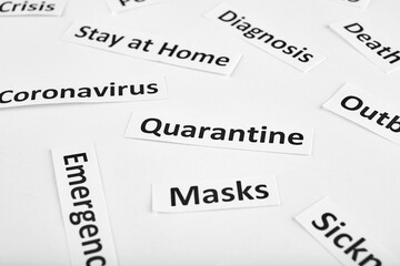 Coronavirus, COVID-19, SARS-CoV-2 newspaper headline clippings on white background