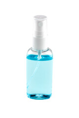 Transparent bottle with antiseptic gel. Blue antibacterial spray for hands isolated on white