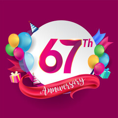 67th Anniversary logo with ribbon, balloon, and gift box isolated on circle object and colorful background