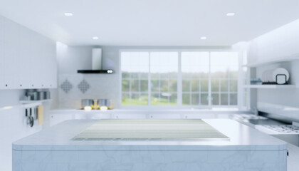 kitchen interior blur background with counter or table. Decoration with marble at top surface and tablecloth look clean and modern. With empty or copy space for mock up or product display. 3d render.