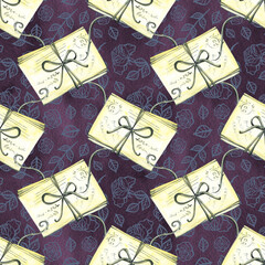 Seamless pattern of elements on the theme of Halloween watercolor. Witch mail
