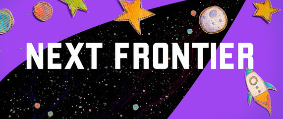 Next Frontier theme with space background with a rocket, moon, stars and planets