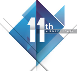 11th years anniversary logo with geometric, vector design birthday celebration isolated on white background.