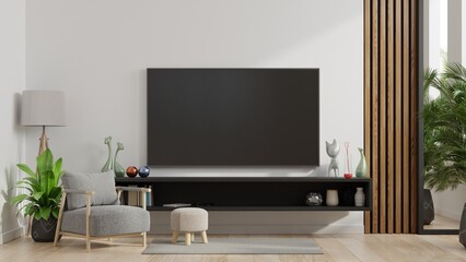Smart TV on the white wall in living room,minimal design.