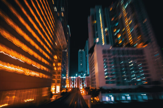 Miami Metro Mover Automated Train POV at night through the windshield