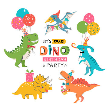 Funny cute colorful birthday party dinosaurs